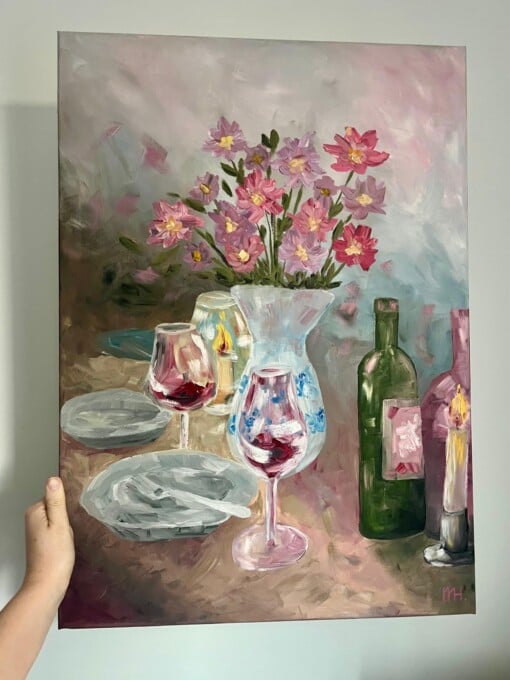 Schilderij "Red wine + flowers" - origineel kunstwerk in olieverf