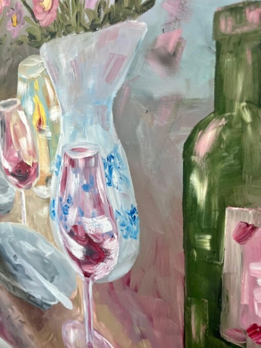 Schilderij "Red wine + flowers" - origineel kunstwerk in olieverf