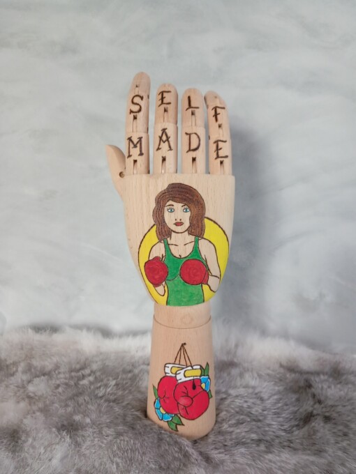 Kunst houten Tattoo hand boks dame