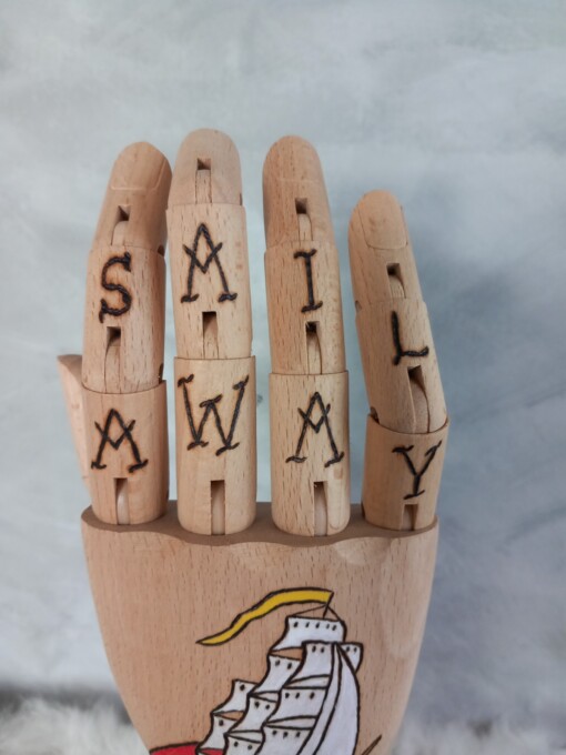 Kunst houten Tattoo hand zeilschip