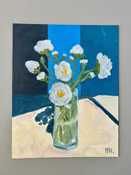 Schilderij "Flowers + blue" - origineel kunstwerk in olieverf