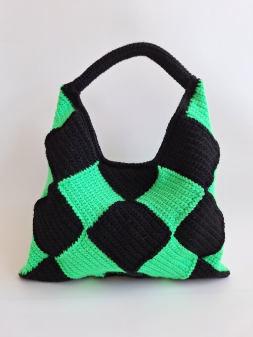 Gehaakte checker handtas 'Zwart en neon groen'