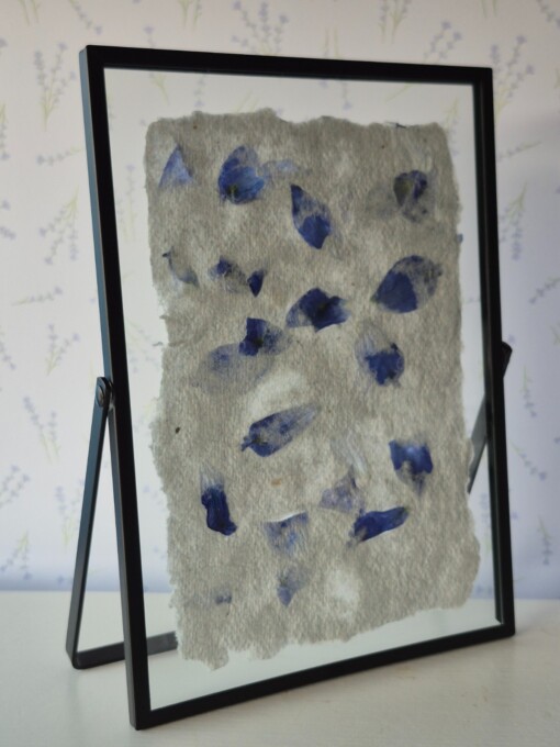 Handgeschept papier met blauwe bloemblaadjes ingelijst in een moderne zwarte lijst 13x18
