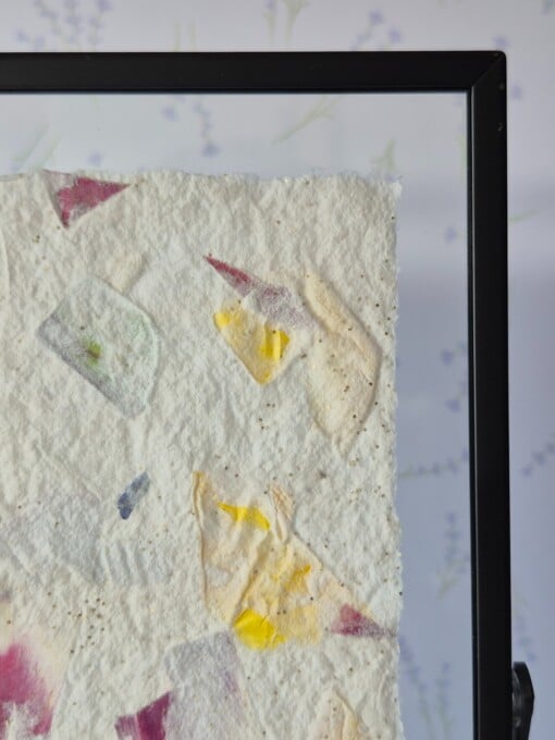 Handgeschept papier met tulpenblad ingelijst in een moderne zwarte lijst 13x18