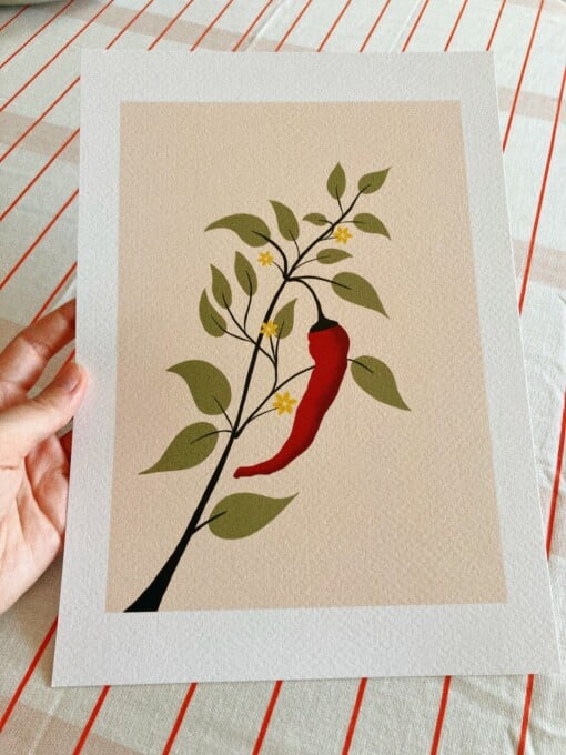 Chili plant kunstprint – botanische illustratie met rode peper | A4 poster 21x30 cm