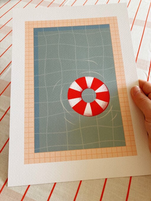 Zwembad met rode zwemband kunstprint – moderne zomerse illustratie | A4 poster 21x30 cm