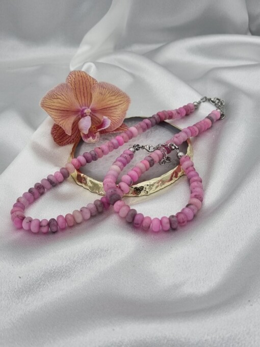 Handgemaakte sieraden set natuursteen - roze/grijs