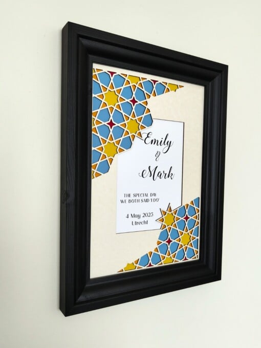 Gepersonaliseerde papercut wanddecoratie: trouwdatum en namen – modern huwelijkscadeau met geometrisch patroon in blauw en goud