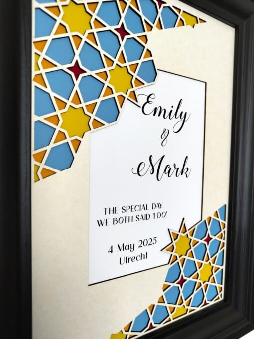 Gepersonaliseerde papercut wanddecoratie: trouwdatum en namen – modern huwelijkscadeau met geometrisch patroon in blauw en goud
