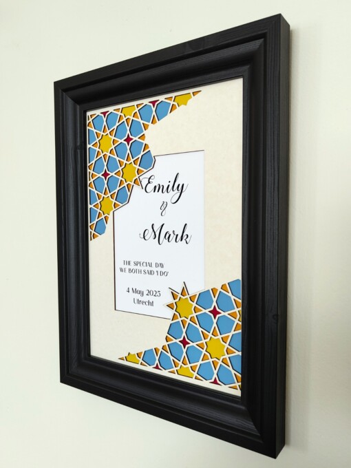 Gepersonaliseerde papercut wanddecoratie: trouwdatum en namen – modern huwelijkscadeau met geometrisch patroon in blauw en goud