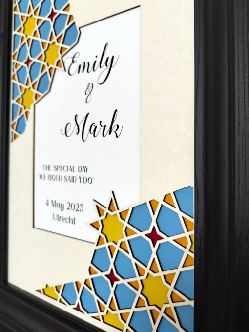 Gepersonaliseerde papercut wanddecoratie: trouwdatum en namen – modern huwelijkscadeau met geometrisch patroon in blauw en goud