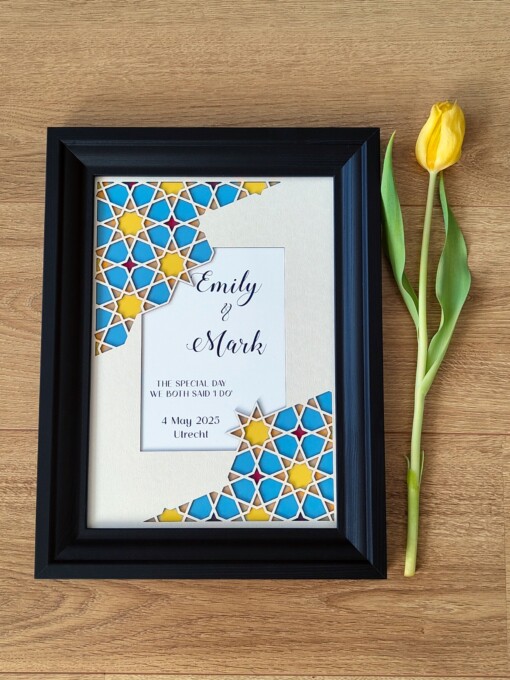 Gepersonaliseerde papercut wanddecoratie: trouwdatum en namen – modern huwelijkscadeau met geometrisch patroon in blauw en goud