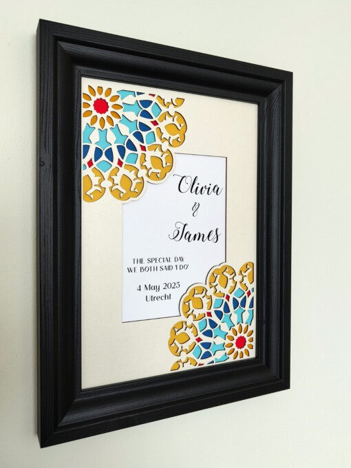 Gepersonaliseerde papercut wanddecoratie: trouwdatum en namen – stijlvol huwelijkscadeau met geometrisch bloemmotief