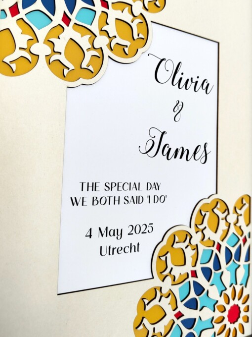 Gepersonaliseerde papercut wanddecoratie: trouwdatum en namen – stijlvol huwelijkscadeau met geometrisch bloemmotief