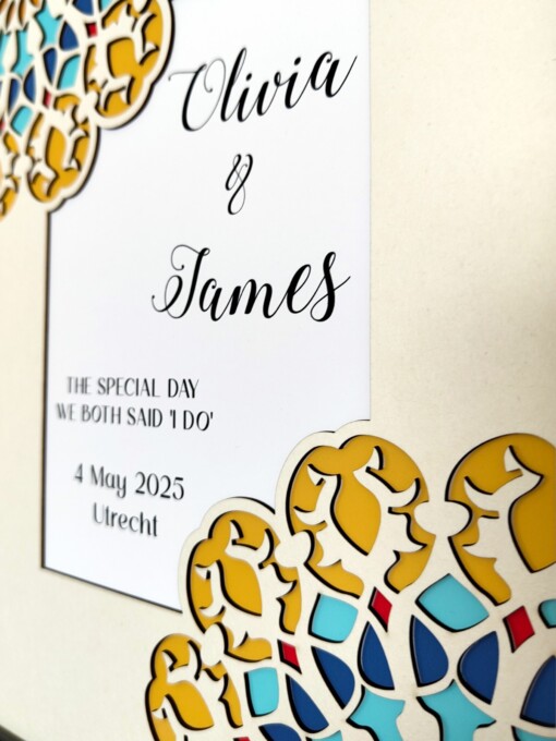 Gepersonaliseerde papercut wanddecoratie: trouwdatum en namen – stijlvol huwelijkscadeau met geometrisch bloemmotief