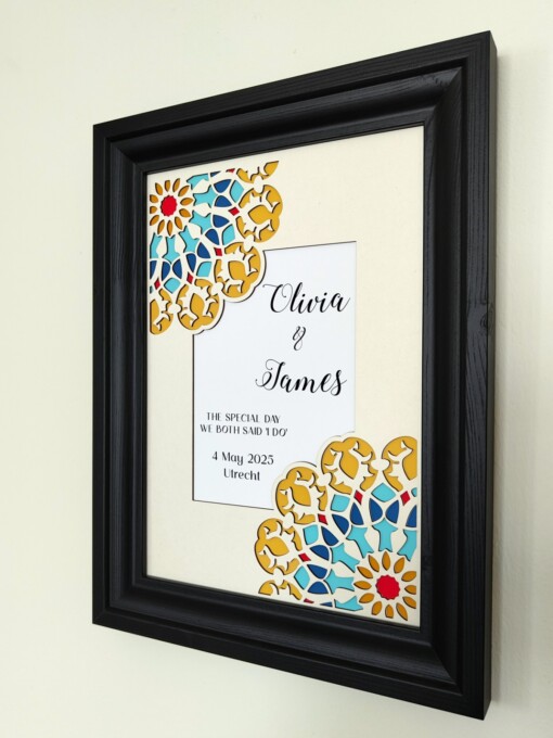 Gepersonaliseerde papercut wanddecoratie: trouwdatum en namen – stijlvol huwelijkscadeau met geometrisch bloemmotief
