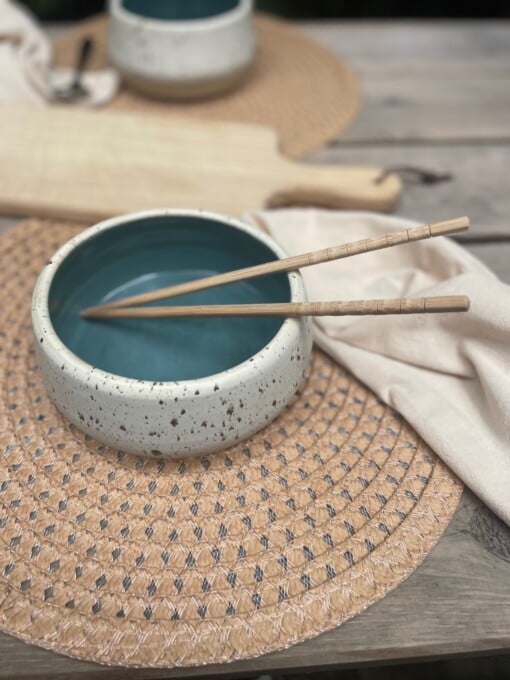 Ontbijtbowls / ramenbowls turquoise wit spikkel