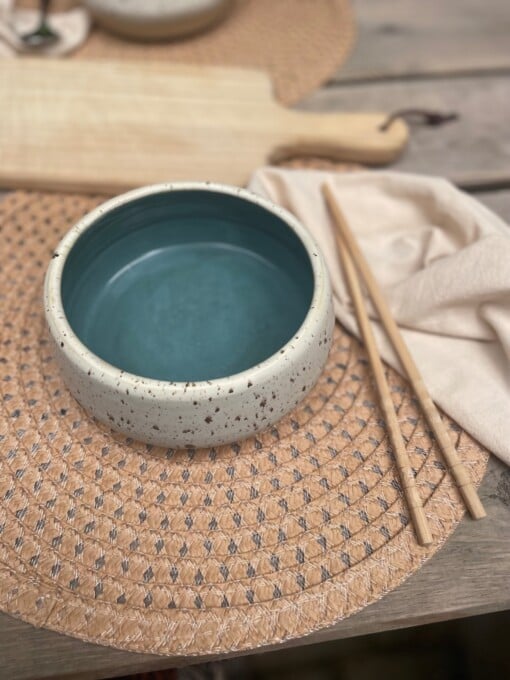 Ontbijtbowls / ramenbowls turquoise wit spikkel