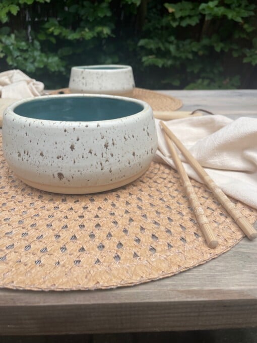 Ontbijtbowls / ramenbowls turquoise wit spikkel