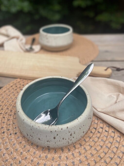 Ontbijtbowls / ramenbowls turquoise wit spikkel