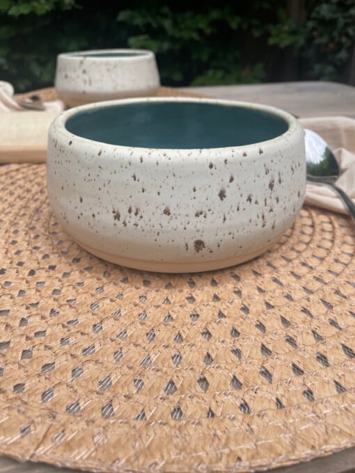Ontbijtbowls / ramenbowls turquoise wit spikkel