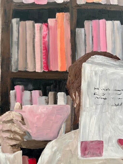 Schilderij "Reading at the bookstore" - origineel kunstwerk van olieverf
