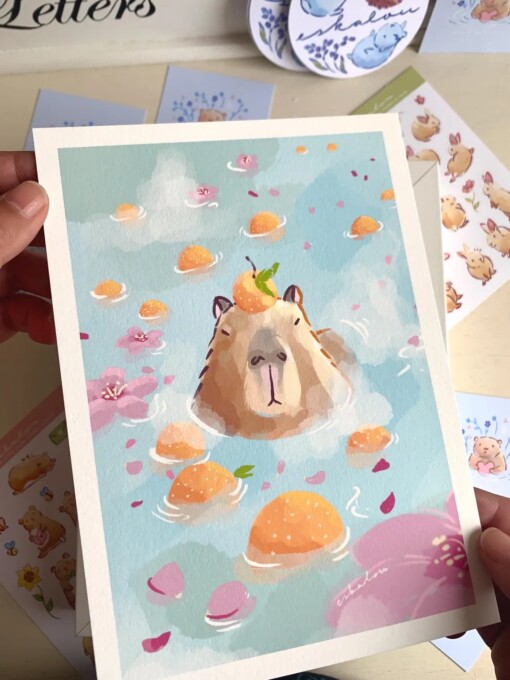Capybara Art Print (A5) – Schattige, Eco-vriendelijke Illustratie op Henneppapier