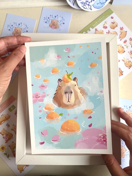 Capybara Art Print (A5) – Schattige, Eco-vriendelijke Illustratie op Henneppapier