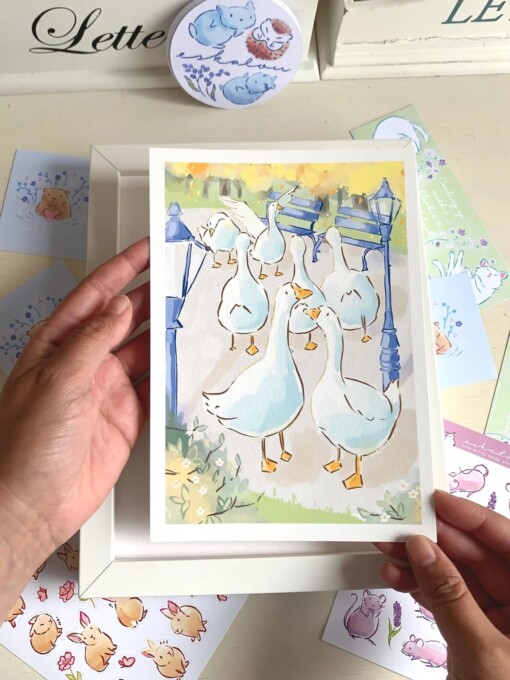 Ganzen Art Print (A5) – Schattige, Eco-vriendelijke Illustratie op Henneppapier