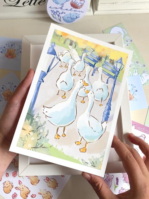 Ganzen Art Print (A5) – Schattige, Eco-vriendelijke Illustratie op Henneppapier