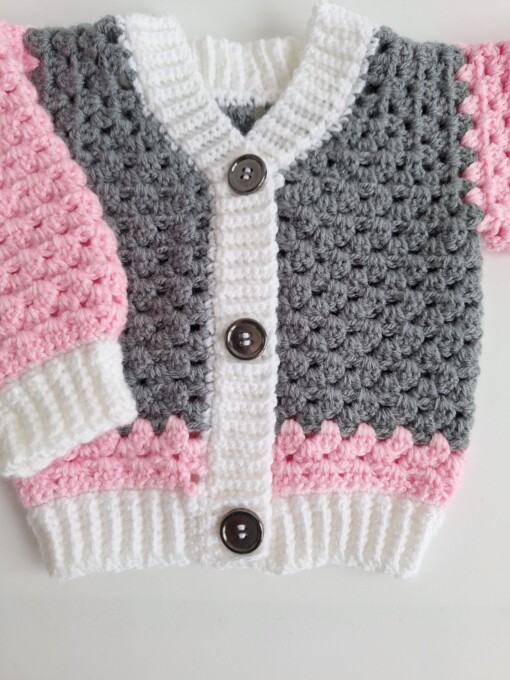 Gehaakt baby vestje | Roze, grijs en wit