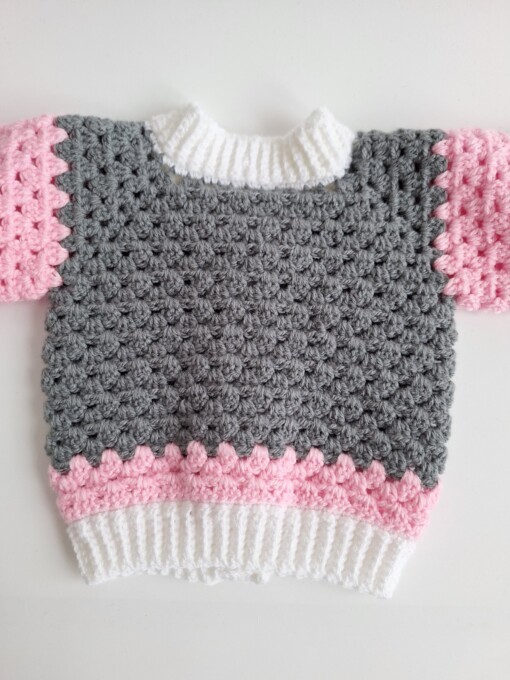 Gehaakt baby vestje | Roze, grijs en wit