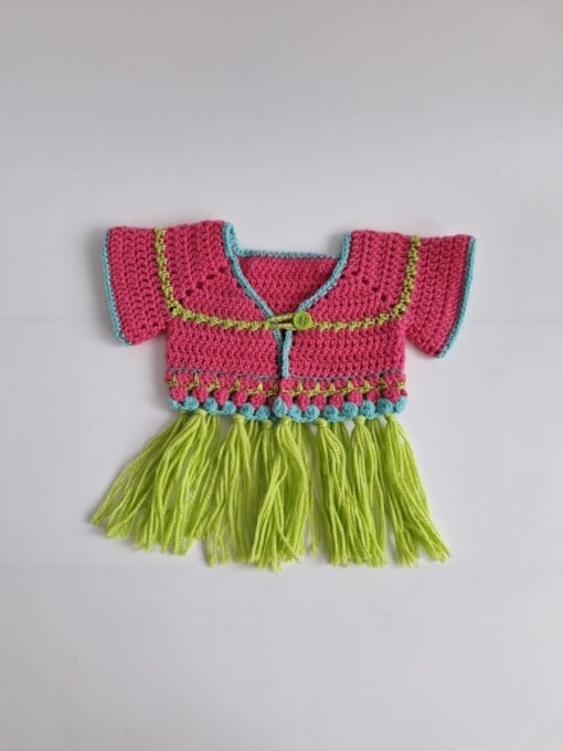 Gehaakt baby vestje | Roze, turquoise en groen met groene franjes