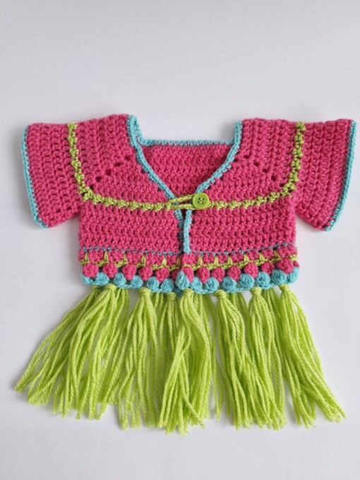 Gehaakt baby vestje | Roze, turquoise en groen met groene franjes