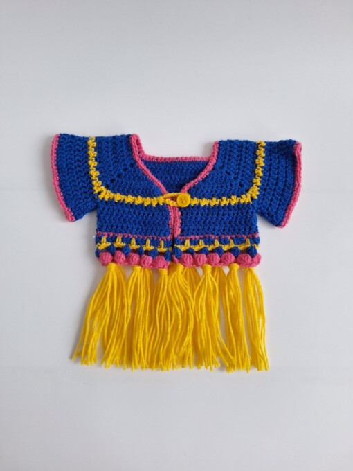 Gehaakt baby vestje | Blauw, roze en geel met gele franjes