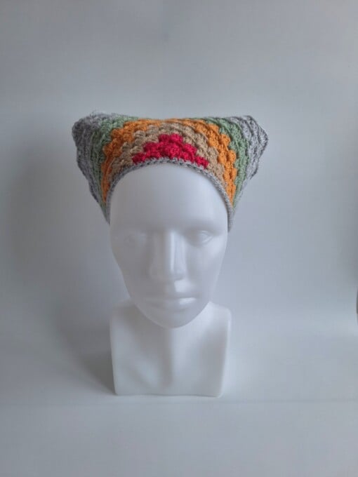 Gehaakte bandana 'Lichtgrijs, oranje en knalroze'