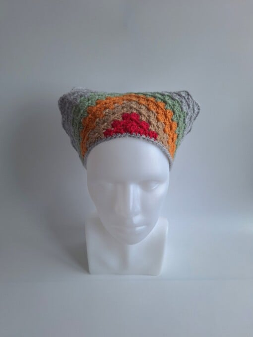 Gehaakte bandana 'Lichtgrijs, oranje en knalroze'