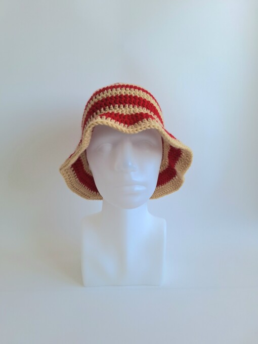 Gehaakte bucket hat | Beige en rood