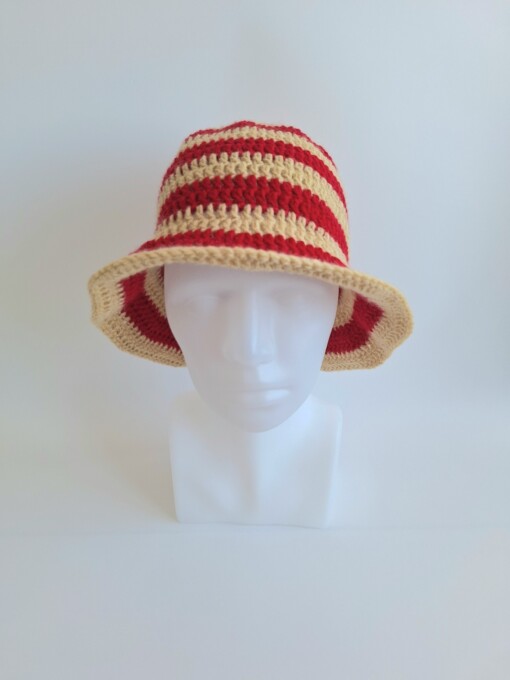 Gehaakte bucket hat | Beige en rood