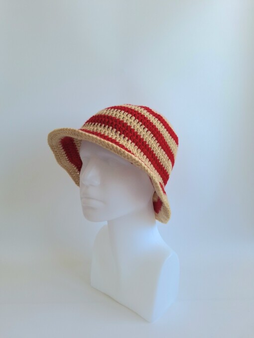 Gehaakte bucket hat | Beige en rood