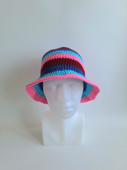 Gehaakte bucket hat | Donkerblauw, turquoise, roze en rood