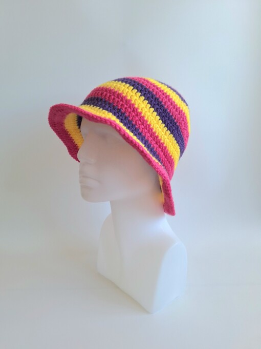 Gehaakte bucket hat | Geel, fuchsia en paars