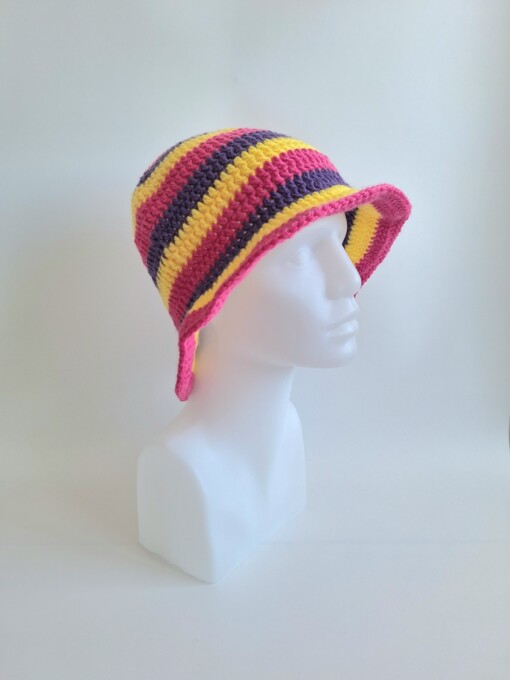 Gehaakte bucket hat | Geel, fuchsia en paars