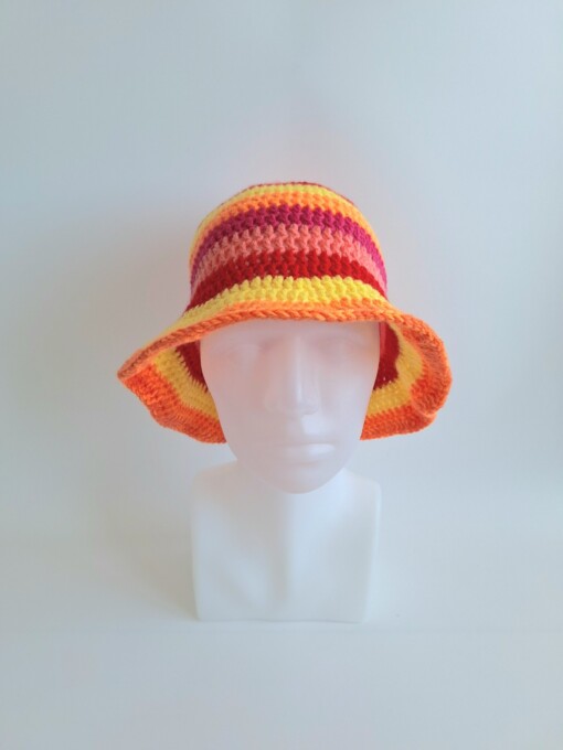 Gehaakte bucket hat | Oranje, fuchsia, koraal, rood en geel