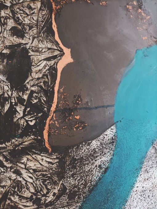 Mixed media abstract schilderij - petrol bruin