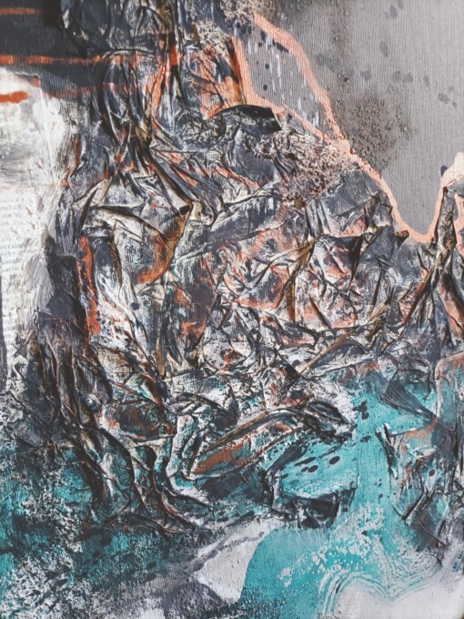 Mixed media abstract schilderij - petrol bruin