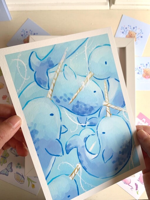 Narwal Art Print (A5) – Schattige, Eco-vriendelijke Illustratie op Henneppapier