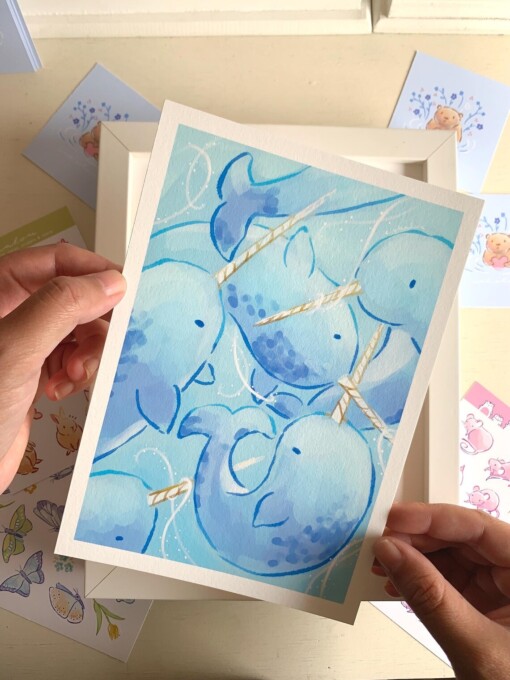 Narwal Art Print (A5) – Schattige, Eco-vriendelijke Illustratie op Henneppapier