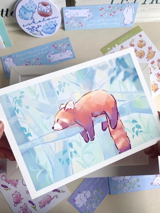 Rode Panda Art Print (A5) – Schattige, Eco-vriendelijke Illustratie op Henneppapier