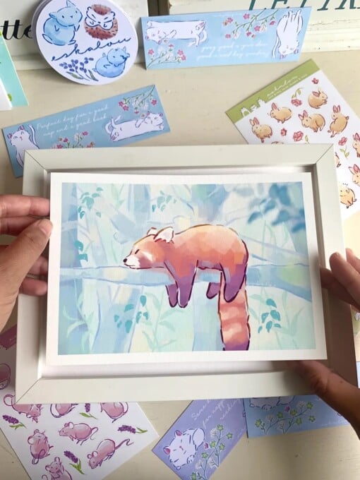 Rode Panda Art Print (A5) – Schattige, Eco-vriendelijke Illustratie op Henneppapier